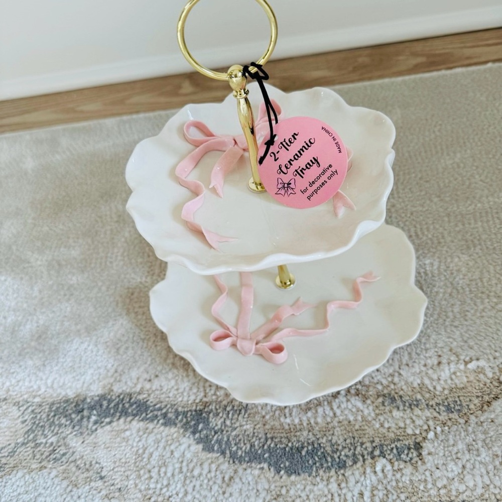 Pink  Bow Two-Tier white  Ceramic Tray with Gold accents